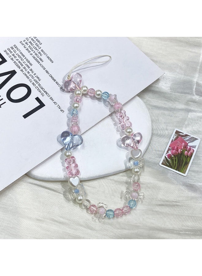 NIBEMINENT Beaded Phone Lanyard, Anti Lost Removable Wrist Strap, Pink Butterfly Bracelet Pendant, Phone Keychain Lanyard - Image 1