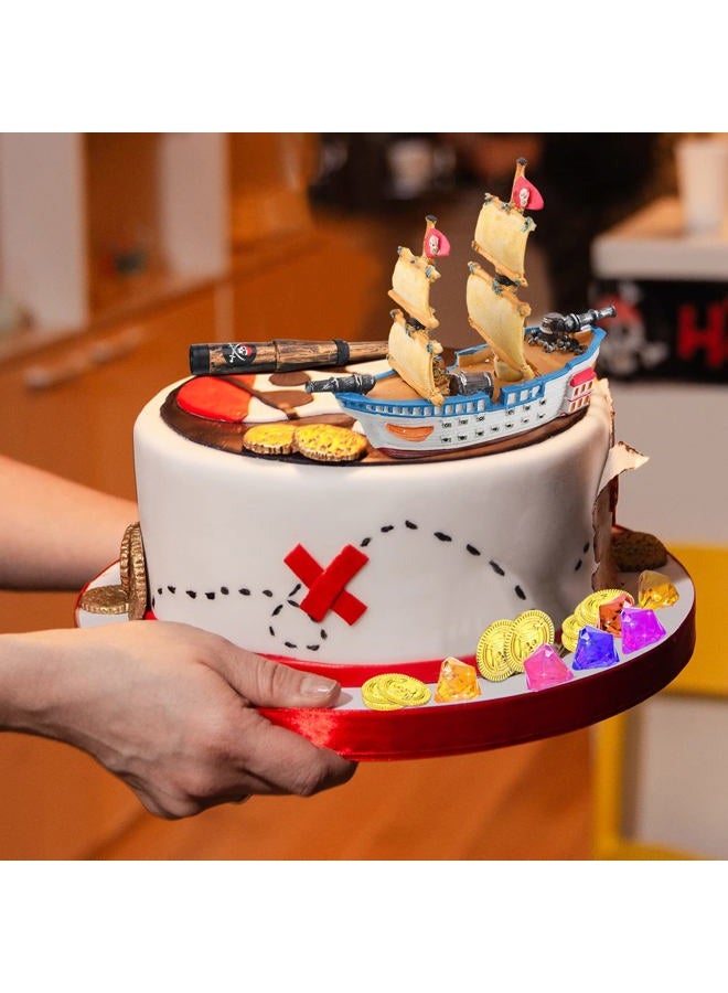 Charniol 32 Pcs Pirate Ship Cake Topper Nautical Sailboat Model Decoration Set Gold Coins Pirate Gems Treasure Telescope for Pirate Birthday Party Supplies - Image 5