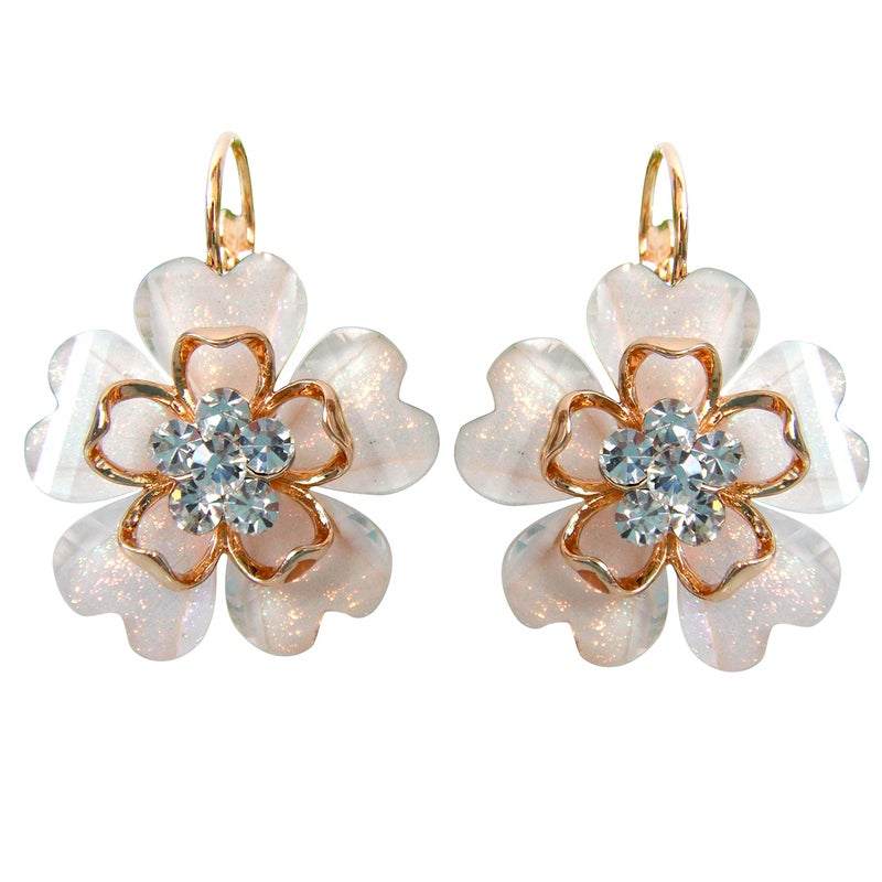 Navachi 18k Gold Plated White Crystal Acetate Blooming Flowers Az2414e Leverback Earrings - Image 1