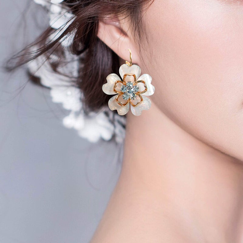 Navachi 18k Gold Plated White Crystal Acetate Blooming Flowers Az2414e Leverback Earrings - Image 5