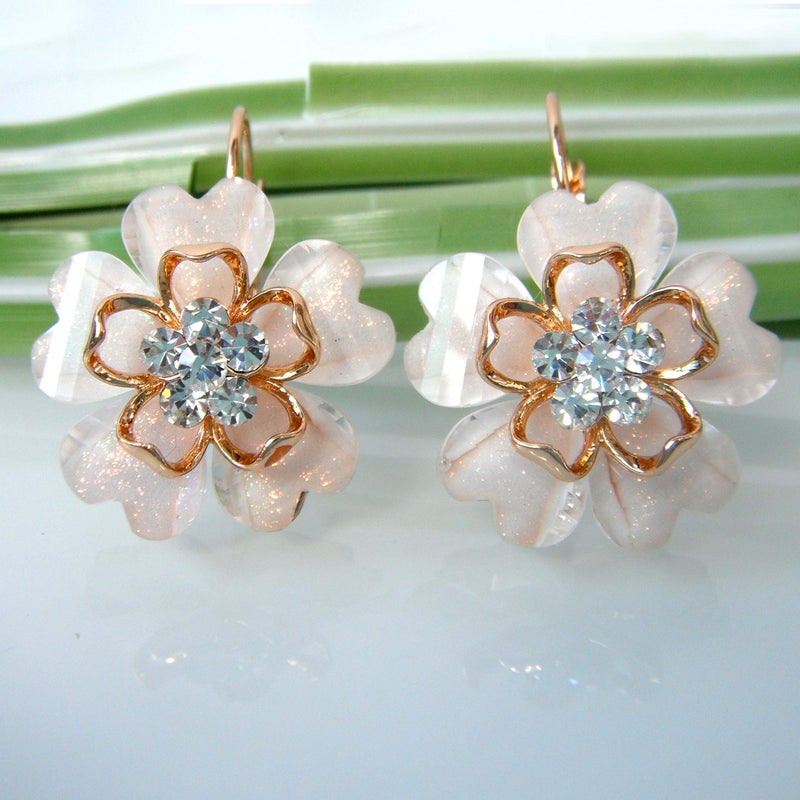 Navachi 18k Gold Plated White Crystal Acetate Blooming Flowers Az2414e Leverback Earrings - Image 3