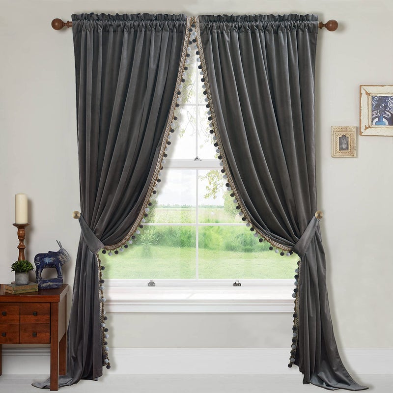 StangH Grey Velvet Curtains  Luxury Pompom Living Room Curtains 2 Panels Set Boho Room Darkening Window Decoration Drapes for Sliding DoorRoom Dividers W52 x L96 2 Panels  Tiebacks