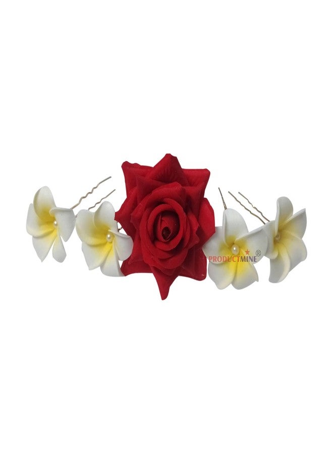 PRODUCTMINE مجموعة دبابيس شعر العروس من PRODUCTMINE®، تتضمن 4 دبابيس شعر من زهور الشامبا الصناعية من هاواي، ودبوس شعر كبير الحجم (6 سم) على شكل وردة حمراء، للنساء والفتيات - مجموعة من 5 قطع - Image 1