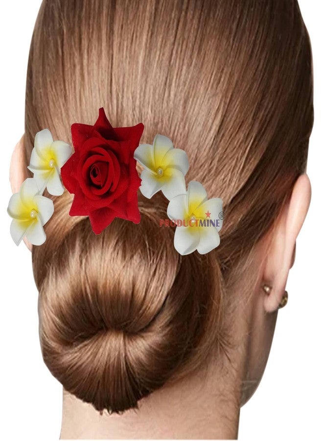 PRODUCTMINE مجموعة دبابيس شعر العروس من PRODUCTMINE®، تتضمن 4 دبابيس شعر من زهور الشامبا الصناعية من هاواي، ودبوس شعر كبير الحجم (6 سم) على شكل وردة حمراء، للنساء والفتيات - مجموعة من 5 قطع - Image 5