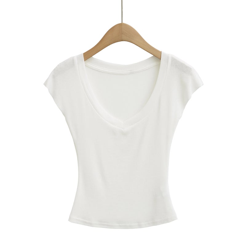 and Style Hot Girl Slightly See-Through V-Neck Batwing Sleeve T-Shirt, Tight-Fitting, Slimming, Waist-Cinching, Short Sexy Top for Women, Trendy Brand - Image 5