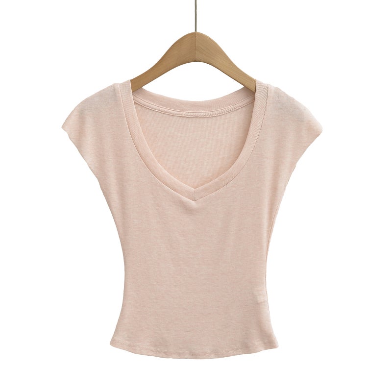 and Style Hot Girl Slightly See-Through V-Neck Batwing Sleeve T-Shirt, Tight-Fitting, Slimming, Waist-Cinching, Short Sexy Top for Women, Trendy Brand - Image 3