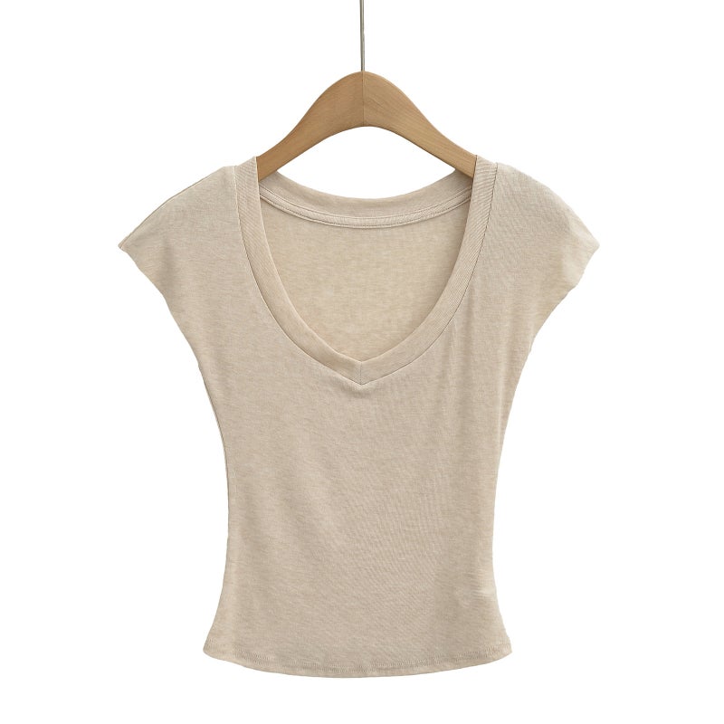 and Style Hot Girl Slightly See-Through V-Neck Batwing Sleeve T-Shirt, Tight-Fitting, Slimming, Waist-Cinching, Short Sexy Top for Women, Trendy Brand - Image 4