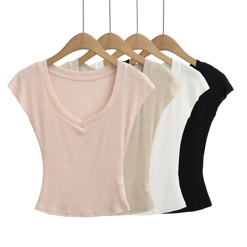 and Style Hot Girl Slightly See-Through V-Neck Batwing Sleeve T-Shirt, Tight-Fitting, Slimming, Waist-Cinching, Short Sexy Top for Women, Trendy Brand - Image 2