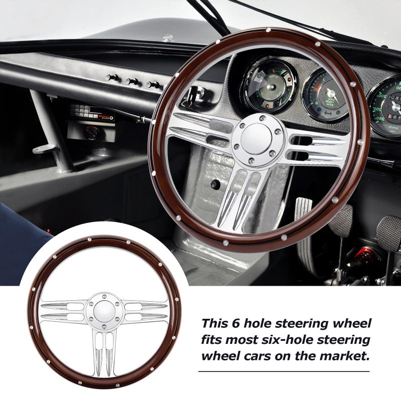 QYMOPAY Billet Wooden Racing Steering Wheel, 6 Hole Steering Wheel with Horn Buttons 3 Spoke for Rally/Motorsport/Car Simulator Driving - Image 4