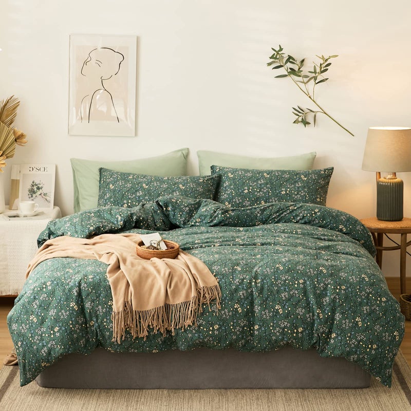 VM VOUGEMARKET VM VOUGEMARKET Green Flower Duvet Cover Sets Queen SizeJersey Cotton Bedding Set 1 Duvet Cover  2 Pillow Shams Chic Garden Style Girls And Boys Comforter Cover with Zipper Closure