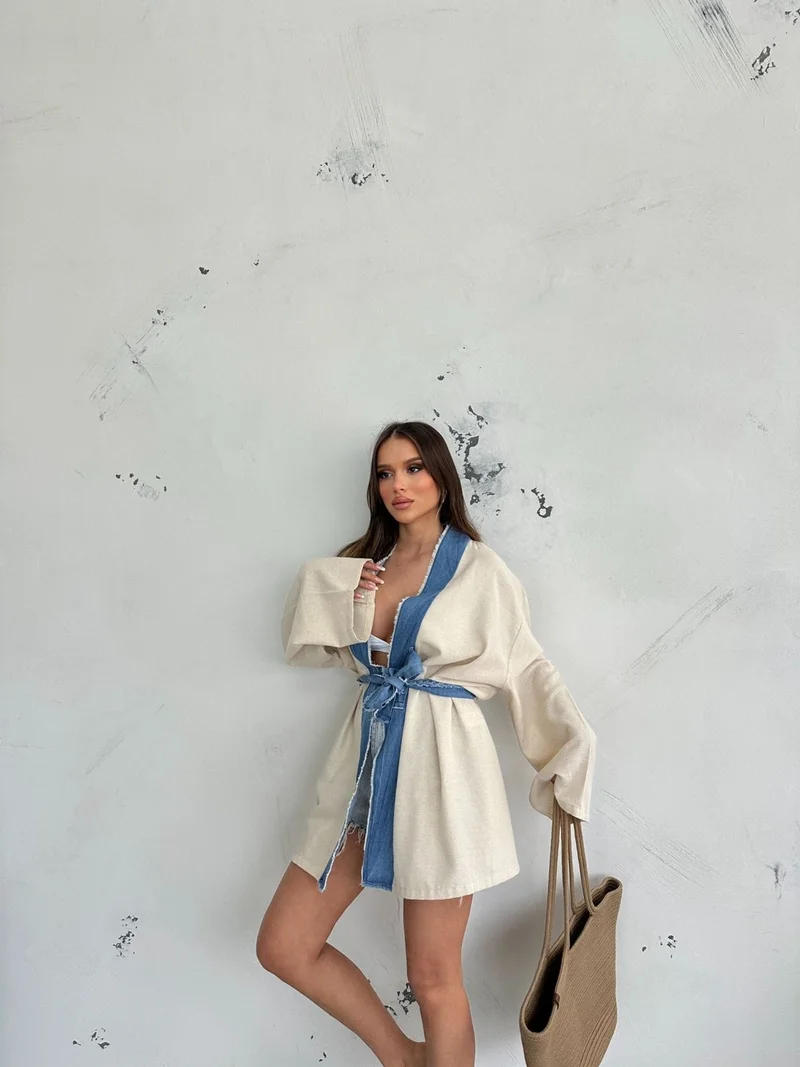 ديد كولكشن Women's Denim Detailed Linen Summer Kimono with Waist Tie