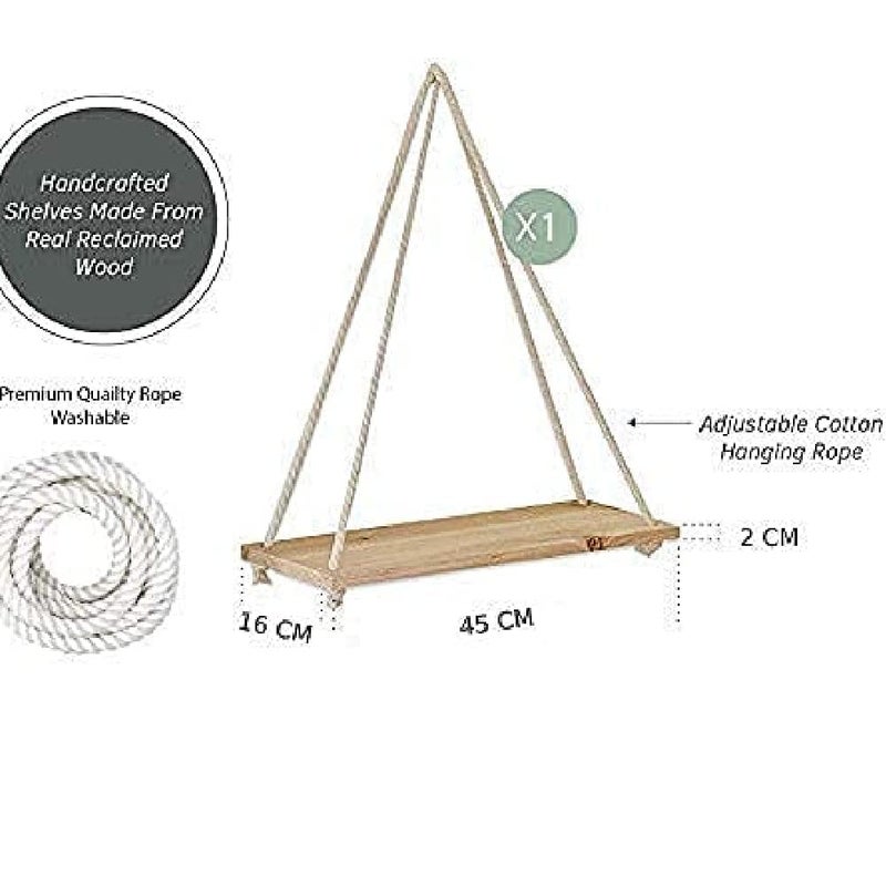 Kartunbox Wood Rope Wall Hanging Shelf Floating Shelves Hanging Swing Rope Shelves White Rope Hanging Shelves for Living Room Bathroom Bedroom Kitchen Apartment 45X16X2 cm Set of 1 Pcs - Image 3