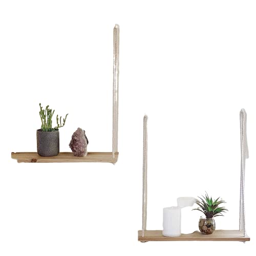Kartunbox Wood Rope Wall Hanging Shelf Floating Shelves Hanging Swing Rope Shelves White Rope Hanging Shelves for Living Room Bathroom Bedroom Kitchen Apartment 45X16X2 cm Set of 1 Pcs - Image 1
