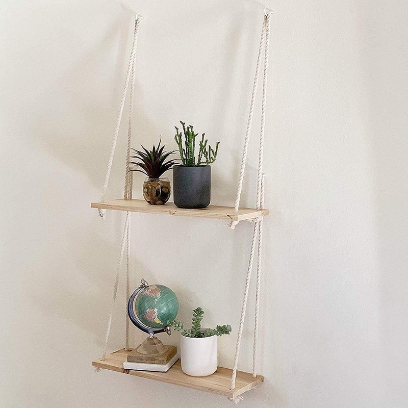 Kartunbox Wood Rope Wall Hanging Shelf Floating Shelves Hanging Swing Rope Shelves White Rope Hanging Shelves for Living Room Bathroom Bedroom Kitchen Apartment 45X16X2 cm Set of 1 Pcs - Image 4