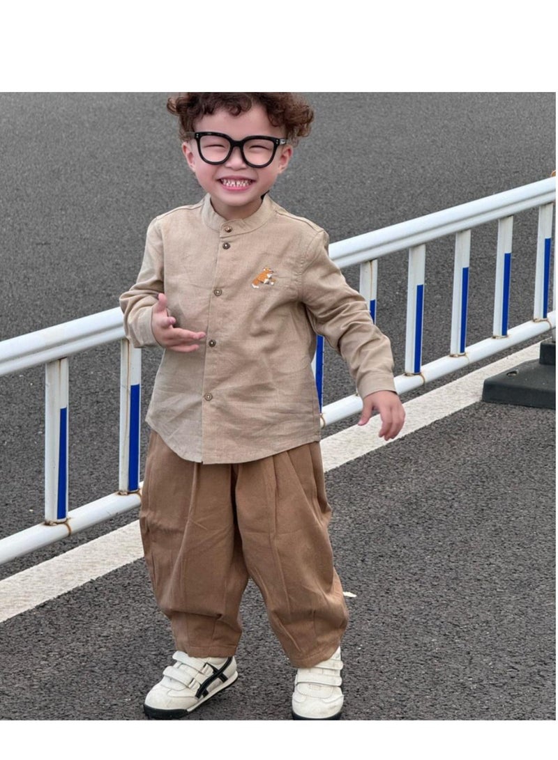 Children's Embroidered Long Sleeved Cotton Shirt Top+Pants Set  - Image 1
