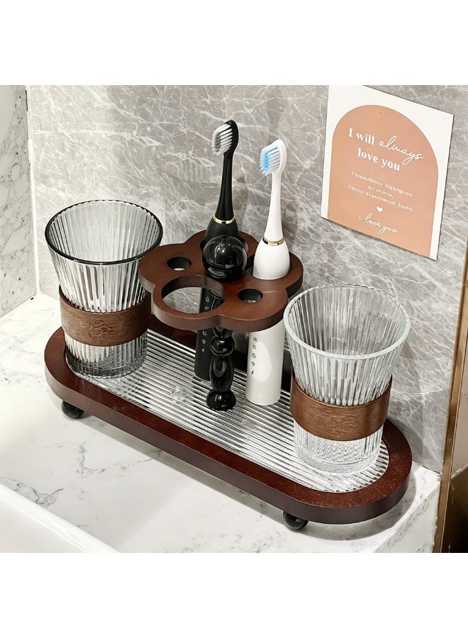 Bathroom Countertop Toothbrush Holder and Mouthwash Cup Storage Rack Set with Wooden Base - Image 2