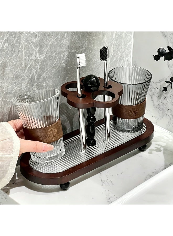 Bathroom Countertop Toothbrush Holder and Mouthwash Cup Storage Rack Set with Wooden Base - Image 1