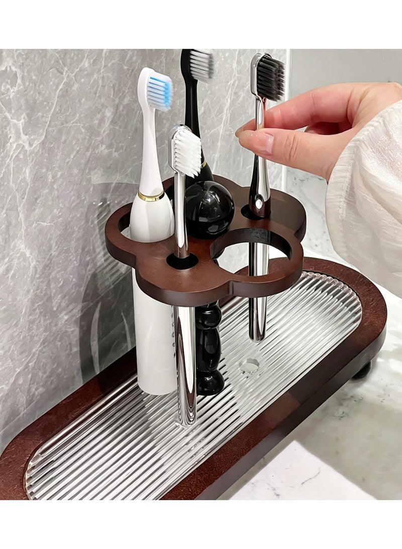 Bathroom Countertop Toothbrush Holder and Mouthwash Cup Storage Rack Set with Wooden Base - Image 3