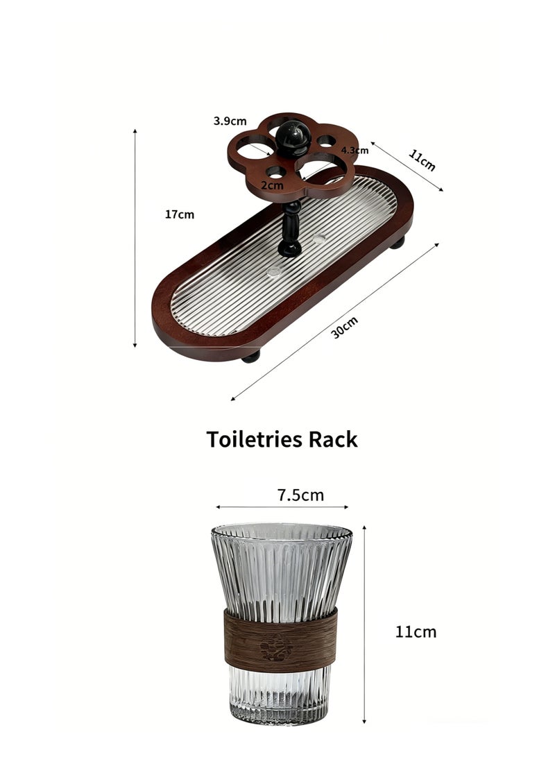 Bathroom Countertop Toothbrush Holder and Mouthwash Cup Storage Rack Set with Wooden Base - Image 4