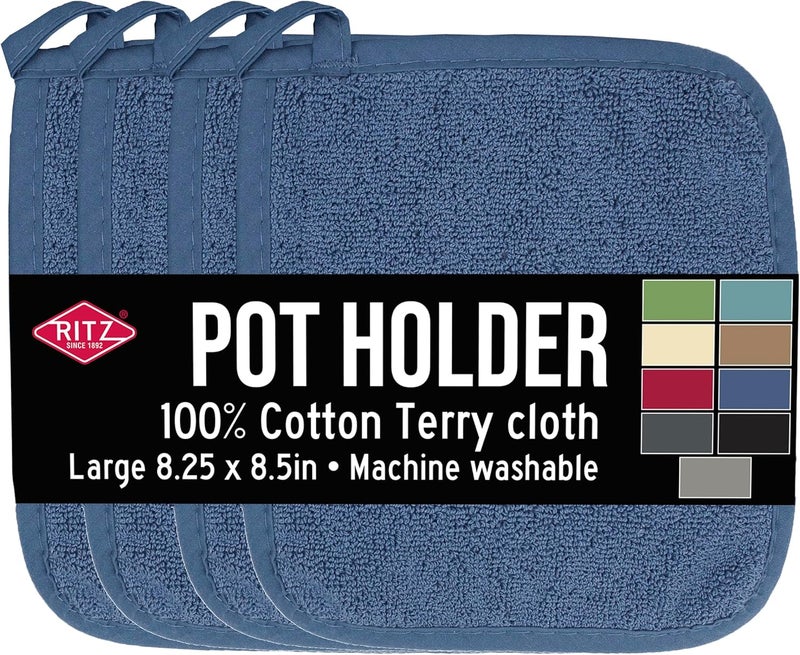 Ritz Terry Potholder & Hot Pad: Unparalleled Heat Resistant, Durable 100% Cotton – Ergonomically Designed for Optimal Grip – Easy-Care Machine Washable – 4-Pack, Federal Blue - Image 1