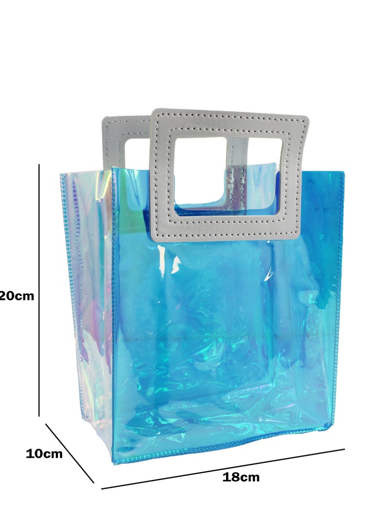بارتي فن حقيبة هدايا شفافة من النايلون الشفاف، حقيبة هدايا وتسوق عالية الجودة مصنوعة من مادة PVC (أزرق، 18 × 20 × 10 سم) عبوة من 12 قطعة - Image 2