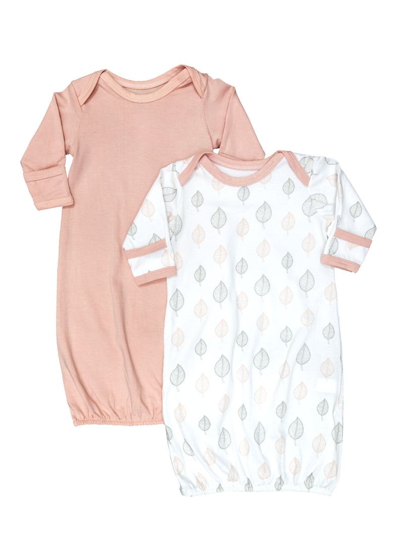 Moon Sleep Gowns Pack Of 2 Full Sleeves With Foldover Cuffs With Elastic Bottom Hem Orange And Forest Print 0-3m - Image 1