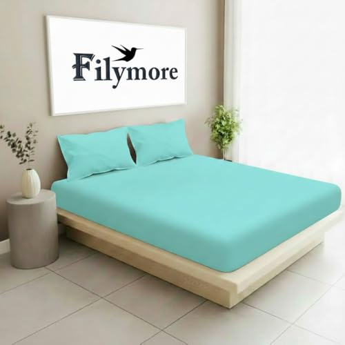Filymore Plain Solid Aqua Double Bed Sheet 240 Tc Soft Microfiber Solid Single Color Bedsheet for Double/King Size Bed with 2 Pillow Cover (Size :90X95 inchs) (Aqua) - Image 1