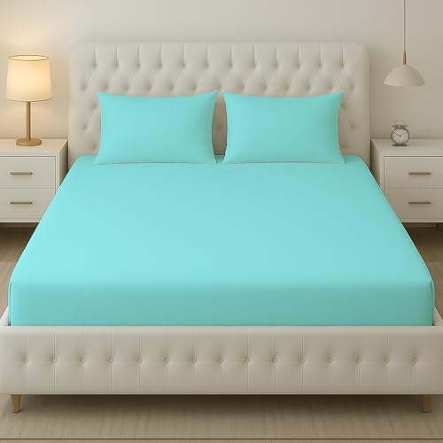 Filymore Plain Solid Aqua Double Bed Sheet 240 Tc Soft Microfiber Solid Single Color Bedsheet for Double/King Size Bed with 2 Pillow Cover (Size :90X95 inchs) (Aqua) - Image 2
