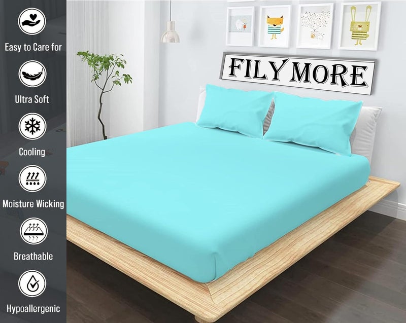 Filymore Plain Solid Aqua Double Bed Sheet 240 Tc Soft Microfiber Solid Single Color Bedsheet for Double/King Size Bed with 2 Pillow Cover (Size :90X95 inchs) (Aqua) - Image 4