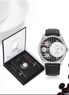 TOMI A distinctive wrist watch with analogues, a black leather strap, and a brown strap for men from TOMI, in addition to displaying the date on a daily basis.  - Image 2
