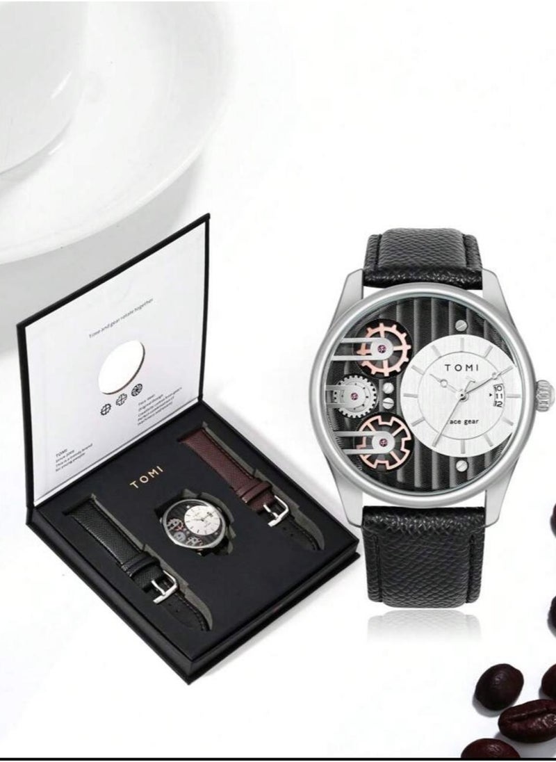 TOMI - A distinctive wrist watch with analogues, a black leather strap, and a brown strap for men from TOMI, in addition to displaying the date on a daily basis. - Image 1