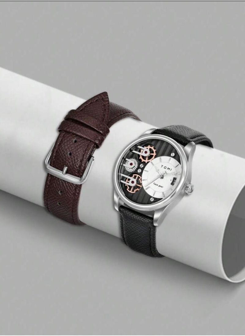TOMI - A distinctive wrist watch with analogues, a black leather strap, and a brown strap for men from TOMI, in addition to displaying the date on a daily basis. - Image 1