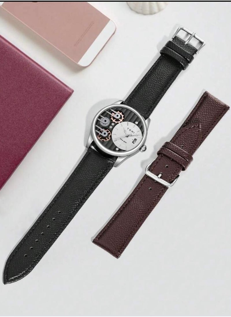 TOMI - A distinctive wrist watch with analogues, a black leather strap, and a brown strap for men from TOMI, in addition to displaying the date on a daily basis. - Image 1