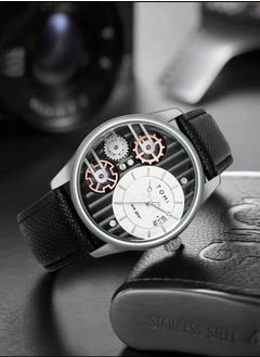 TOMI A distinctive wrist watch with analogues, a black leather strap, and a brown strap for men from TOMI, in addition to displaying the date on a daily basis.  - Image 5