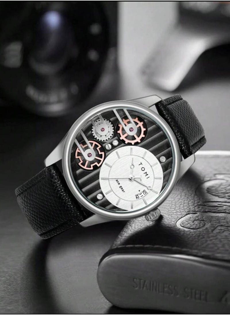 TOMI - A distinctive wrist watch with analogues, a black leather strap, and a brown strap for men from TOMI, in addition to displaying the date on a daily basis. - Image 1