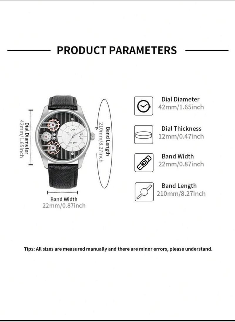 TOMI - A distinctive wrist watch with analogues, a black leather strap, and a brown strap for men from TOMI, in addition to displaying the date on a daily basis. - Image 1