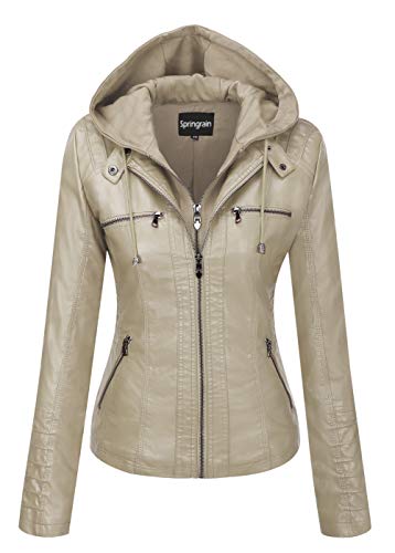 Springrain Womens Faux Leather Jacket Moto Biker Coat with Detachable Hood Motorcycle Jacket XLarge Apricot - Image 1