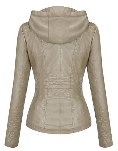 Springrain Womens Faux Leather Jacket Moto Biker Coat with Detachable Hood Motorcycle Jacket XLarge Apricot - Image 3