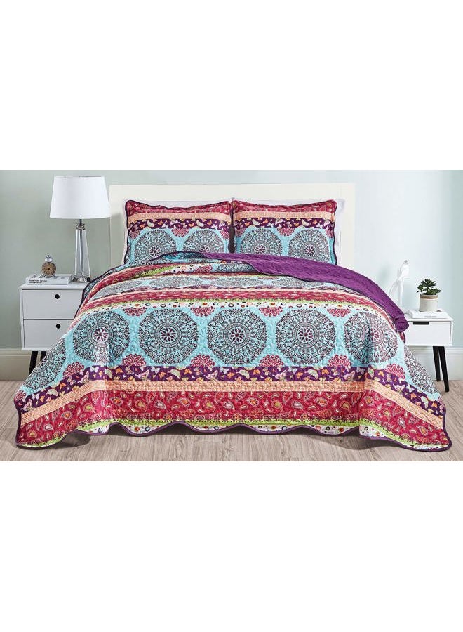 3-Piece Fine Printed Quilt Set, Bedspread Coverlets in Twin, Full, Queen, King and Cal King Size Bed Covers (Purple, Red, Blue, Boho, Paisley) Oversize King Purple