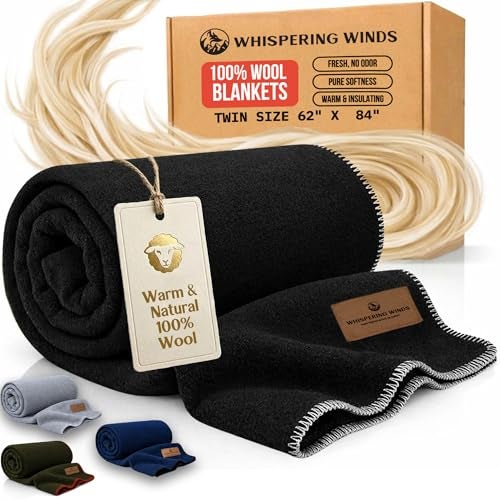 Whispering Winds 100% Wool Blanket, Soft, Warm, Thick - 62"x 84" Twin Large Size Blanket for Bed, Couch, Home, Camping, Outdoors, Survival - Image 1
