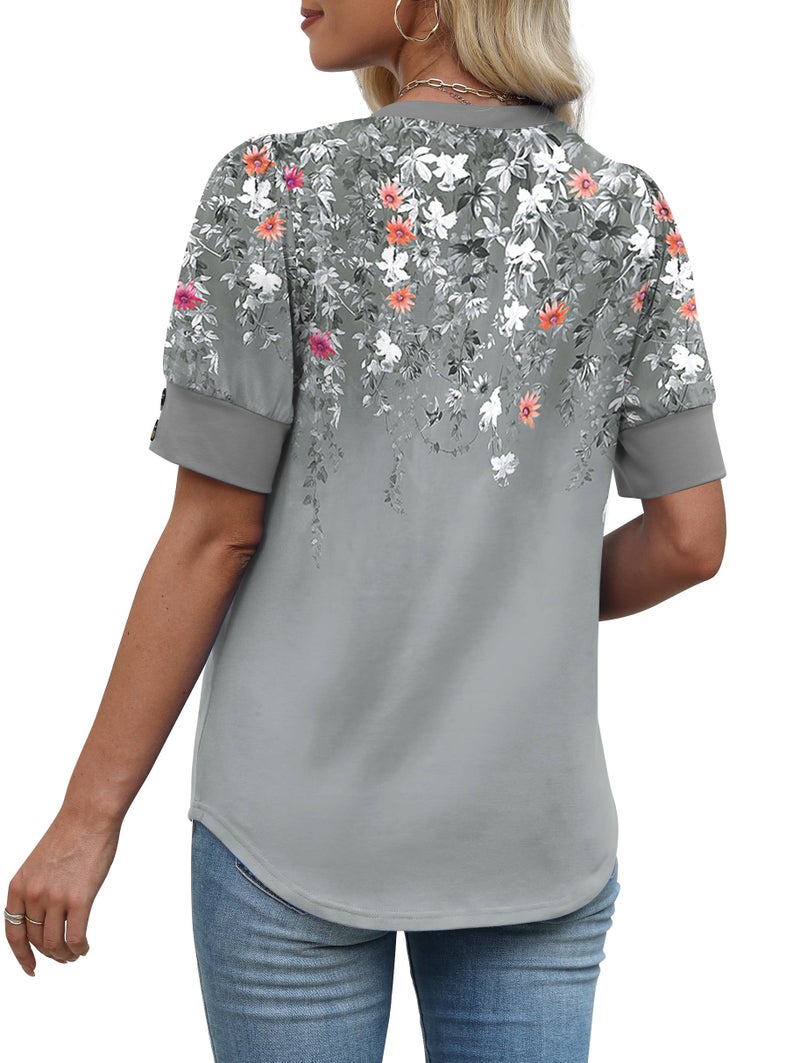 OFEEFAN Womens Blouses Dressy Casual Short Sleeve Shirts Spring Business Work Floral Summer Tops Plus Size Fashion Clothing V Neck Tshirts Grey M - Image 5