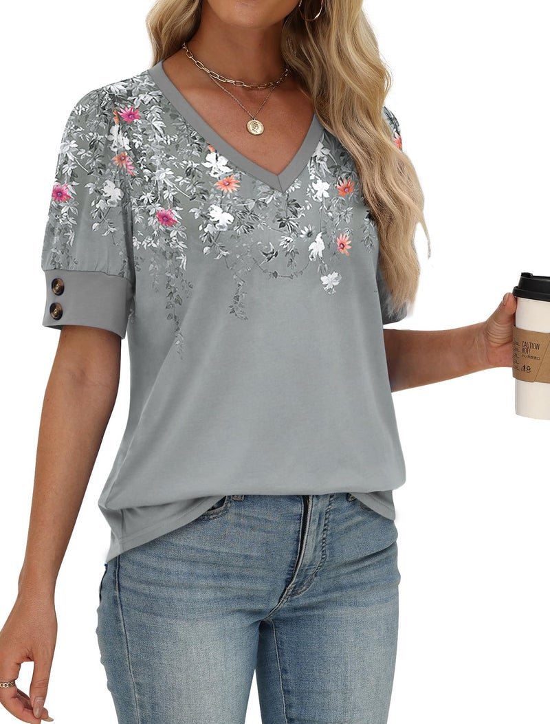 OFEEFAN Womens Blouses Dressy Casual Short Sleeve Shirts Spring Business Work Floral Summer Tops Plus Size Fashion Clothing V Neck Tshirts Grey M - Image 3