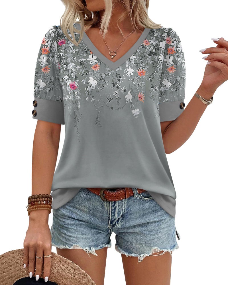 OFEEFAN Womens Blouses Dressy Casual Short Sleeve Shirts Spring Business Work Floral Summer Tops Plus Size Fashion Clothing V Neck Tshirts Grey M - Image 2