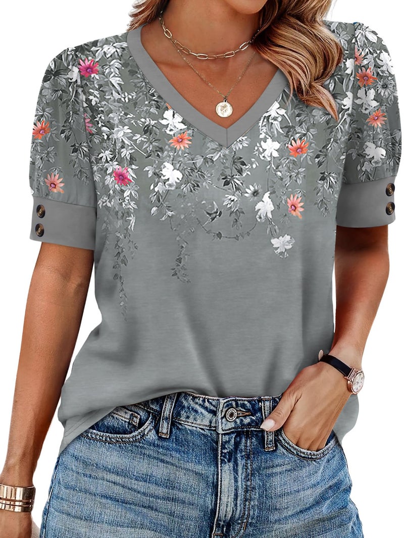 OFEEFAN Womens Blouses Dressy Casual Short Sleeve Shirts Spring Business Work Floral Summer Tops Plus Size Fashion Clothing V Neck Tshirts Grey M - Image 1
