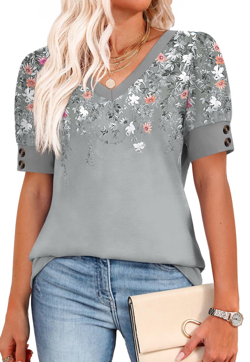 OFEEFAN Womens Blouses Dressy Casual Short Sleeve Shirts Spring Business Work Floral Summer Tops Plus Size Fashion Clothing V Neck Tshirts Grey M - Image 4