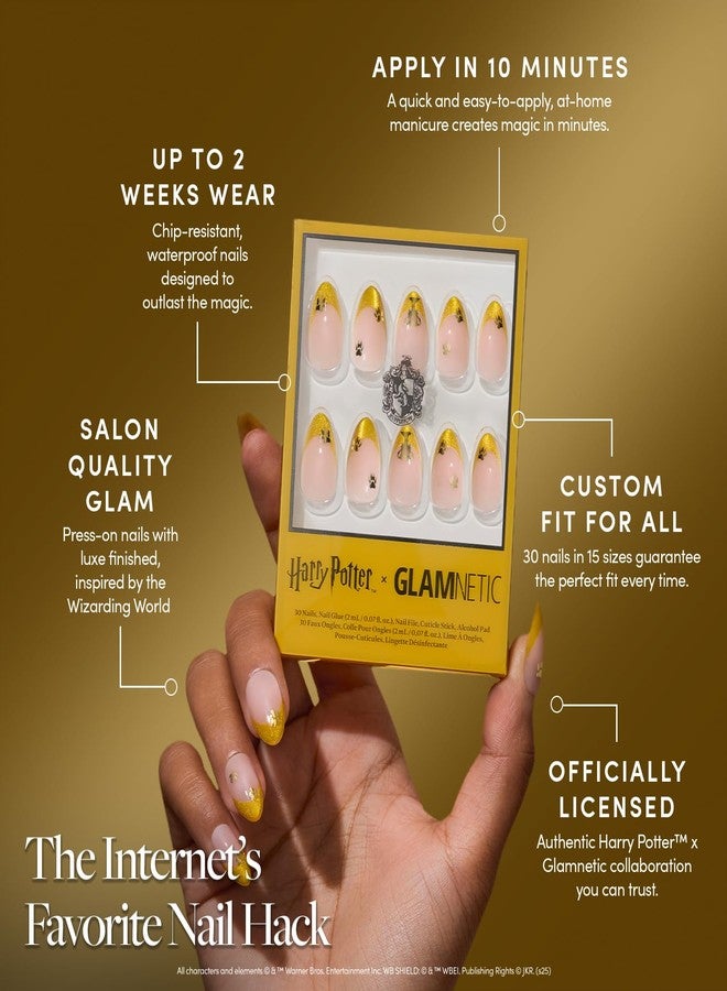 Glamnetic Press On Nails x Harry Potter™ - Helga Hufflepuff™ | Short Almond Fake Nails with Velvet Yellow French Tips & Gold Graphics, Officially Licensed | 15 Sizes - 30 Nail Kit with Glue - Image 3