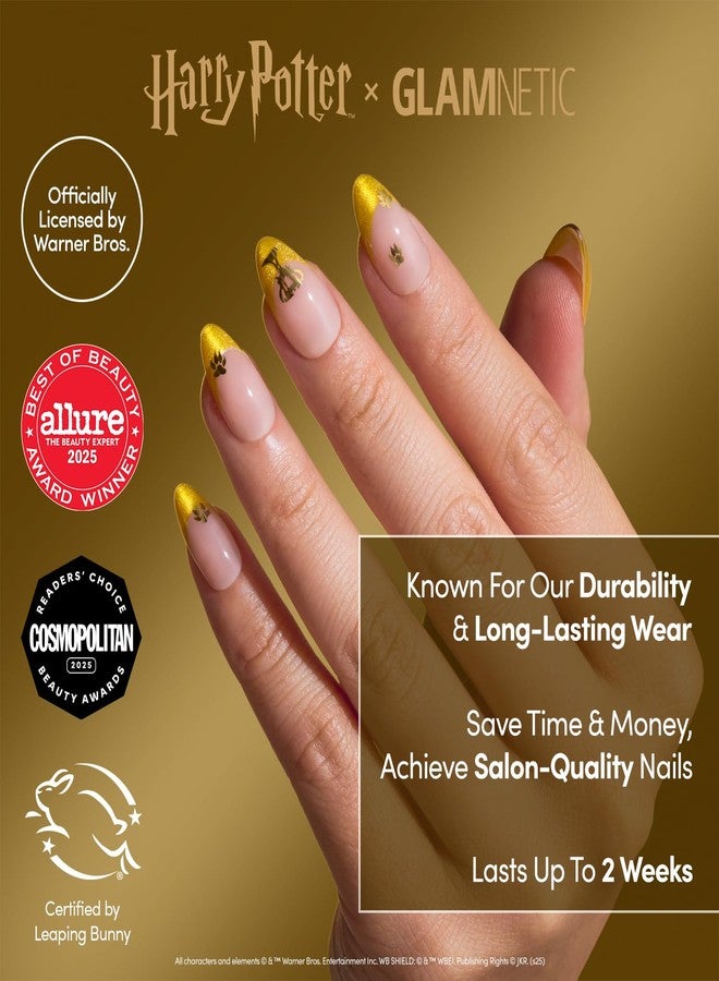 Glamnetic Press On Nails x Harry Potter™ - Helga Hufflepuff™ | Short Almond Fake Nails with Velvet Yellow French Tips & Gold Graphics, Officially Licensed | 15 Sizes - 30 Nail Kit with Glue - Image 2