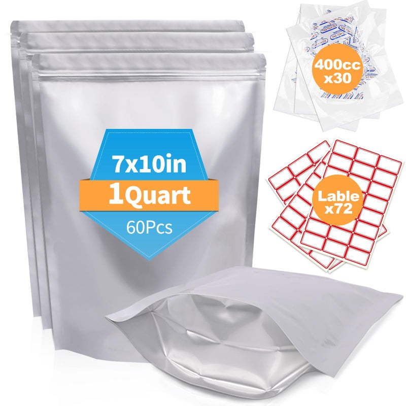 NexLevVac 60PCS 1Quart 7X10 Mylar Bags for Food Storage with Oxygen AbsorbersLables10 Mil Thick Resealable StandUp ZipperHeat Sealable Bags for Long Term Food StorageDried Food