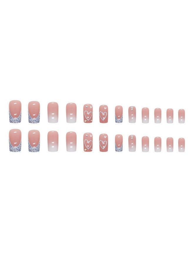 SINSEN Square Press On Nails Medium Length French Tip Press On Nails Heart Deign Glossy Pink Fake Nails With Adhesive Glue Stickers Reusable Stick On Nails In 12 Sizes 24 Pcs Medium French Nails - Image 5