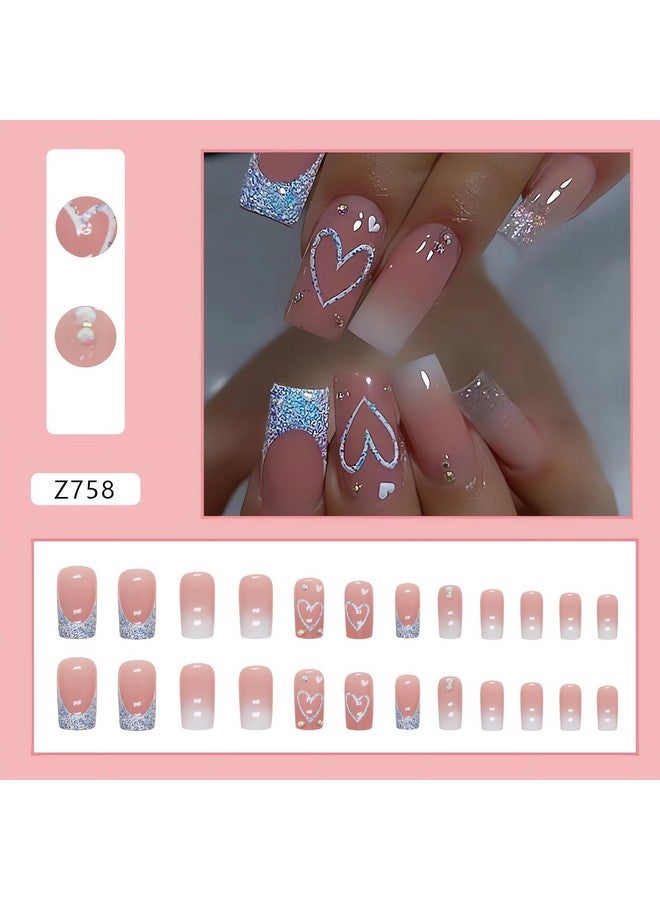 SINSEN Square Press On Nails Medium Length French Tip Press On Nails Heart Deign Glossy Pink Fake Nails With Adhesive Glue Stickers Reusable Stick On Nails In 12 Sizes 24 Pcs Medium French Nails - Image 2